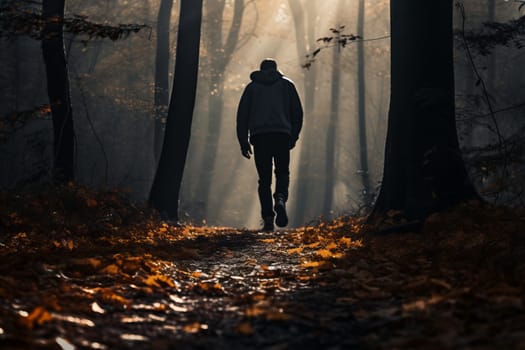 A close up of a person's feet walking through a misty forest. Generative AI