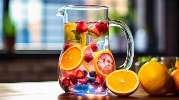 Refreshing and colorful fruit infused water pitcher. Generative AI