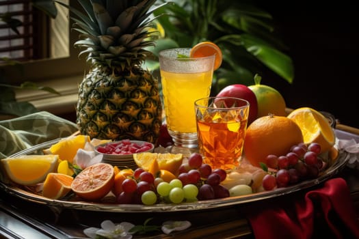 A close up of a tropical fruit platter accompanied by glasses of rum punch. Generative AI