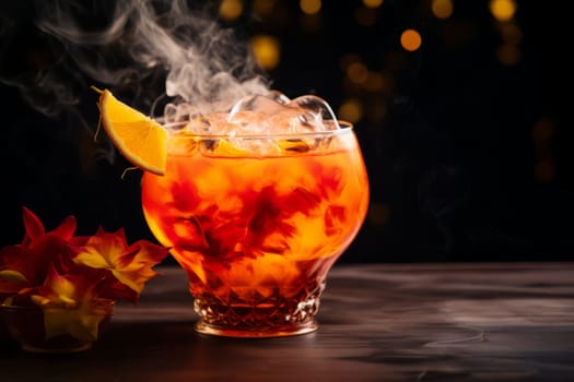 A close up of a rum punch cocktail with a flaming garnish. Generative AI