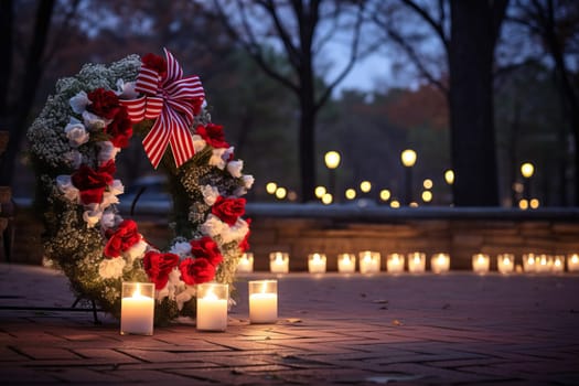 A Patriot Day memorial, American flag with soft lighting. Generative AI