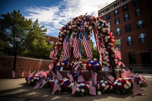 Wreaths, ribbons, and an American flag at half mast. Generative AI