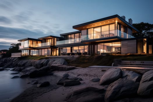 Stunning beachfront mansion overlooking the water. Generative AI