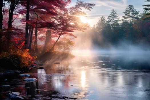 Misty Pond in Enchanted Fall Morning. Generative AI