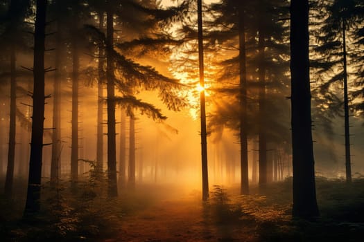Misty Forest at Dawn with Gold and Amber Foliage. Generative AI