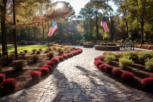 Memorial Garden with Flag Pathway. Generative AI