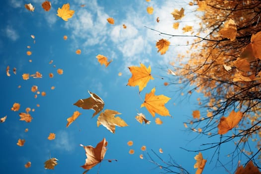 Falling Leaves Against Blue Sky. Generative AI