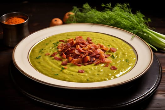 Split pea soup with bacon garnish. Generative AI