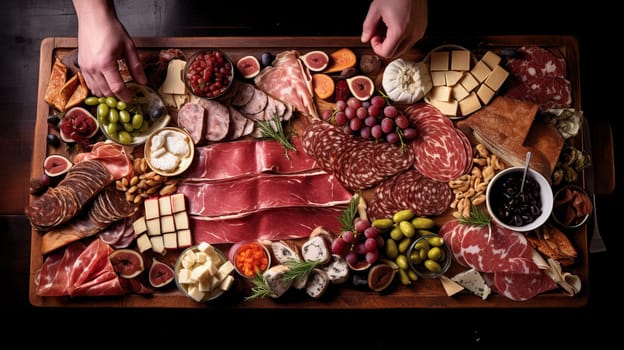 A person carefully arranging a charcuterie platter. Generative AI