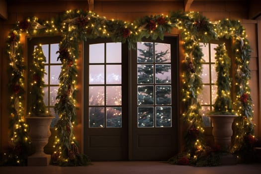 Room with two windows decorated for christmas. Generative AI