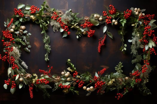 Heart shaped wreath with red berries and greenery. Generative AI