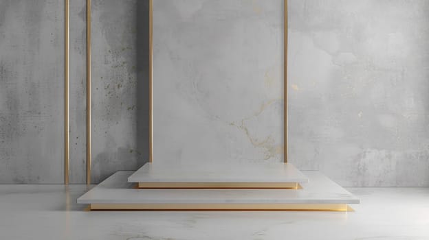 Grey podium display with golden lines. Cosmetics or beauty product promotion mockup. AI generated