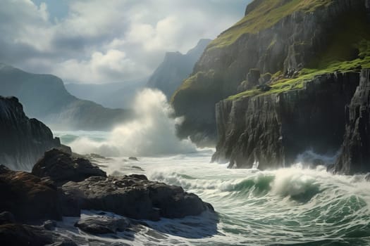 Rugged cliffs and crashing waves along the coastline. Generative AI
