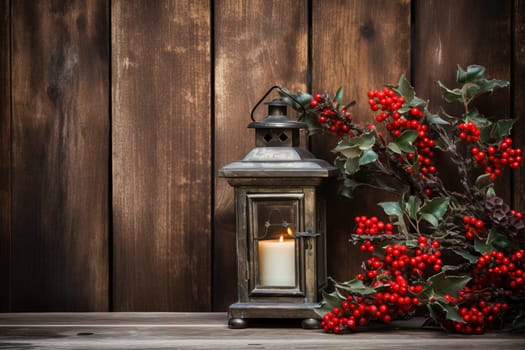Rustic wooden background with holly berries. Generative AI