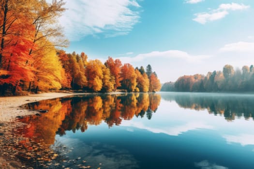Tranquil Lake with Autumn Trees. Generative AI