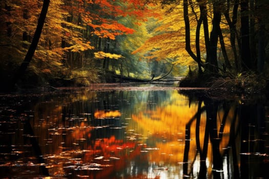 Lake surrounded by trees with leaves on the water. Generative AI
