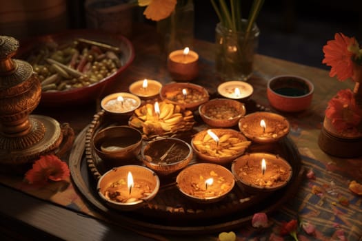 Table topped with lots of lit candles. Generative AI