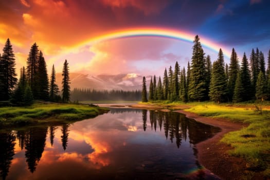 Vibrant Rainbow Over Scenic Landscape. Generative AI