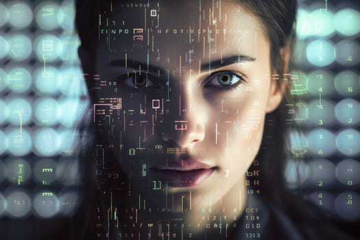 Woman covered with digital characters. Cybersecurity. Artificial intelligence model. Human avatar. Face recognition. Big data representation. Mapping data. Data science and communication. Future technology in action. Science research
