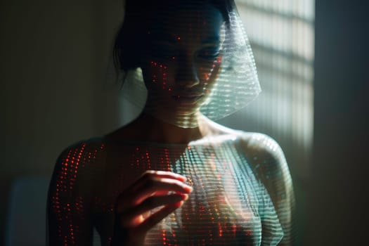Portrait of woman covered with laser lights. Learning AI model. Futuristic interaction of human and new technology. Scanning identity. Science research. Cybersecurity scanner. Electronic high technologies