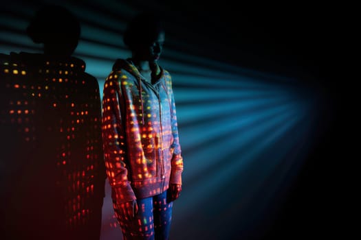 Portrait of woman covered with laser lights. Learning AI model. Futuristic interaction of human and new technology. Scanning identity. Science research. Cybersecurity scanner. Electronic high technologies
