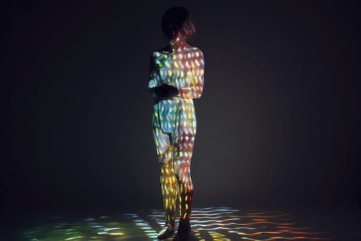 Portrait of woman covered with laser lights. Learning AI model. Futuristic interaction of human and new technology. Scanning identity. Science research. Cybersecurity scanner. Electronic high technologies