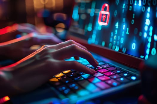 Close-up of person typing on a laptop with a padlock symbolizing security and protection of data.