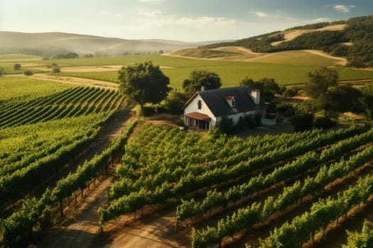 Aerial shot of a picturesque vineyard with a charming farmhouse