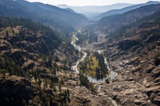 An aerial view of a desolate wilderness, marked by deep crevices