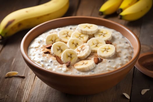 Banana slices in a bowl of creamy porridge