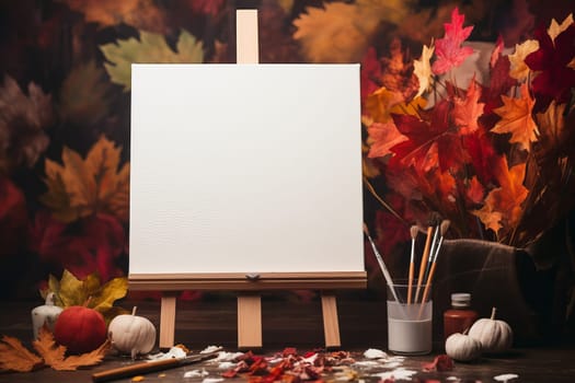 Artistic mockup featuring a canvas, paintbrushes, and autumn foliage for inspiration