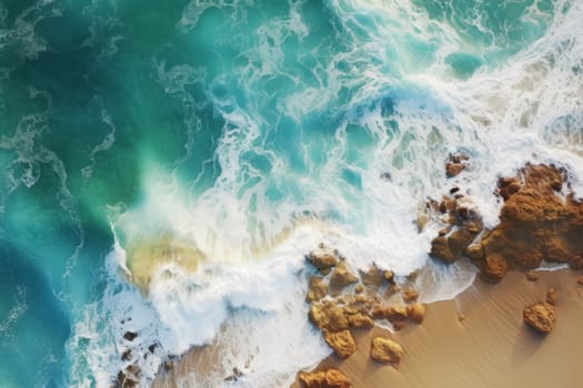 Aerial shot of a stunning coastline with waves crashing on the shore