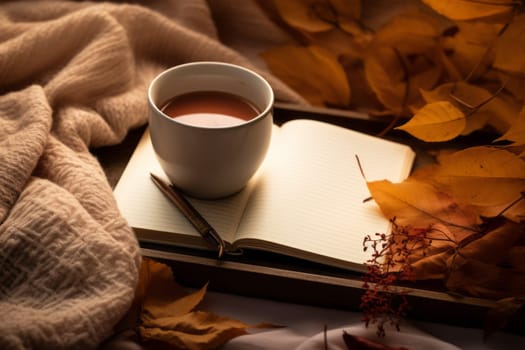 Cozy autumn scene with a cup of tea, a notebook, and fallen leaves for a mockup, generative ai