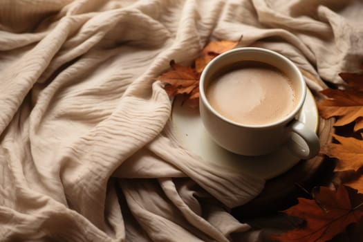 Cozy autumn mockup featuring a cup of hot coffee, a blanket, and fallen leaves