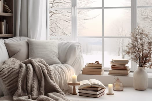 Cozy winter living room mockup with warm blankets, books, and snowy decor