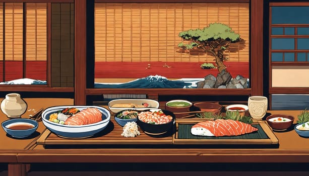 Sushi rolls with wasabi and soy sauce on a plate. ai generative.