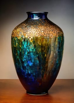 Colorful Decorative glass vase with green and blue pattern on the table. Close up. ai generative.