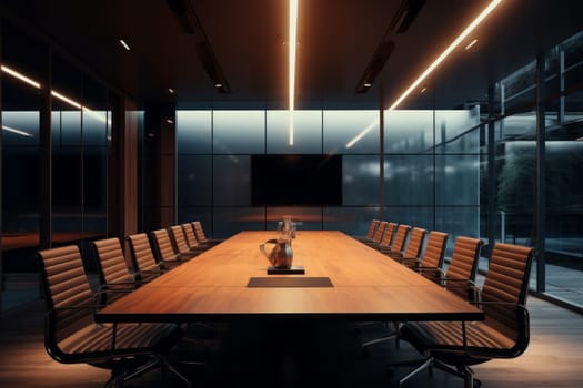 Minimalistic conference room with a long table and ambient lighting
