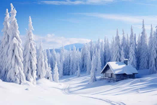Snowy forest under a clear winter sky background with a cozy cabin