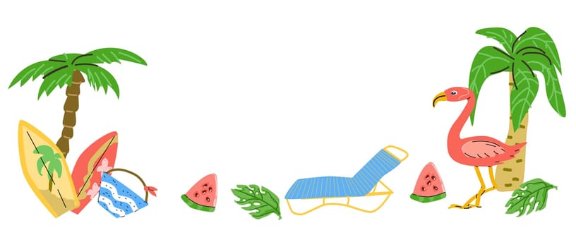 Summer hand drawn background with beach elements. Vector illustration of beach chair, watermelon, tropical leaves, palm, flamingo.