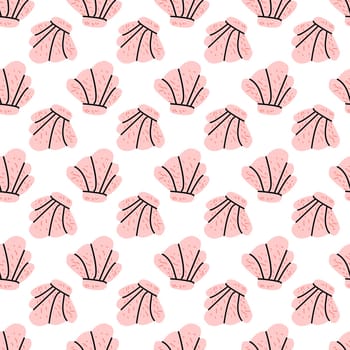 Pink seashell seamless pattern in flat style. Vector illustration can used for textile, decor stickers, posters.
