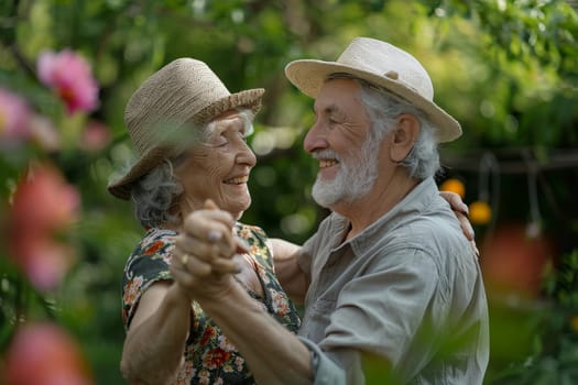 A senior couple shares a tender dance, surrounded by garden blooms.