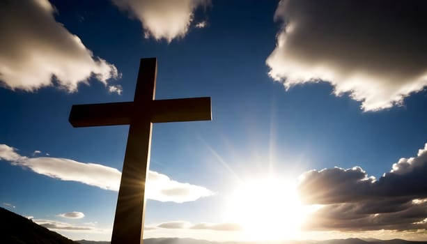 AI generated of a cross on top of a mountain with the sun behind it