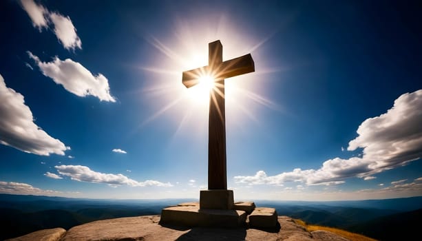 AI generated of a cross on top of a mountain with the sun behind it
