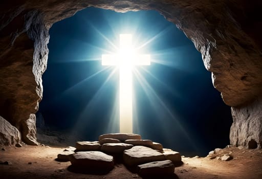 AI generated of a cross in a cave with the sun behind it