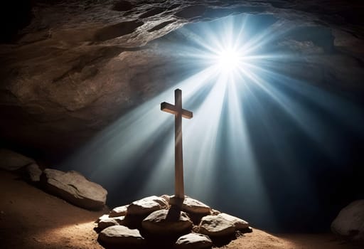 AI generated of a cross in a cave with the sun behind it