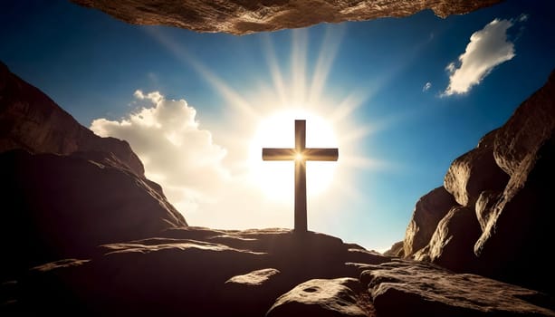 AI generated of a cross in a cave with the sun behind it