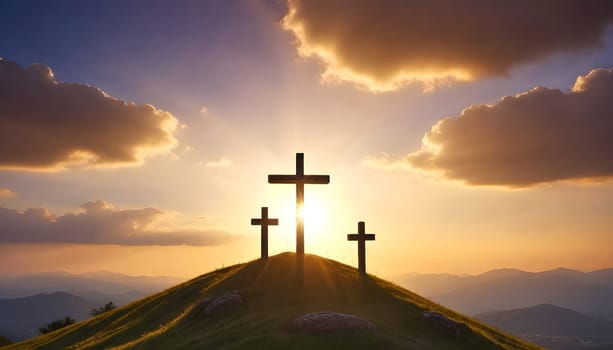 AI generated of three crosses on a hill with the sun setting behind them