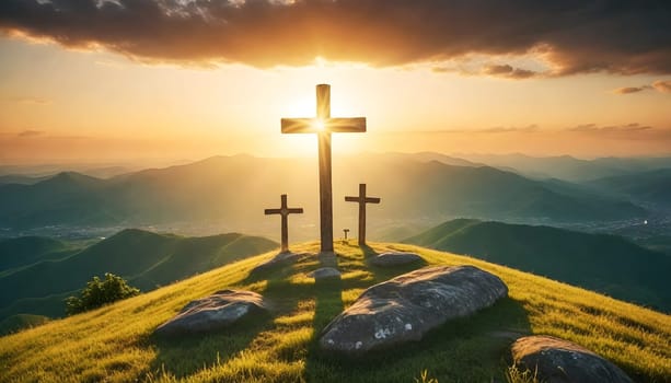 AI generated of three crosses on a hill with the sun setting behind them