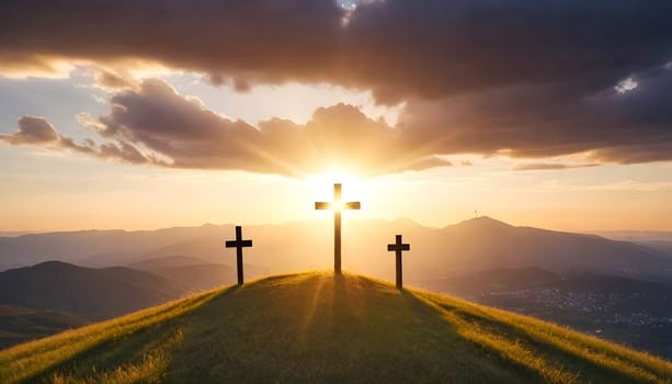 AI generated of three crosses on a hill with the sun setting behind them